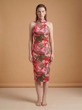 Bebe Pink Tropical Floral Halter Midi Dress Sz XS — Fits Small